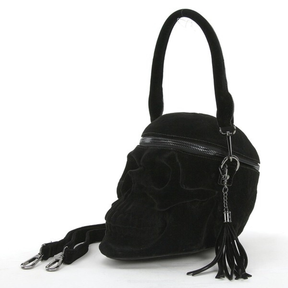 Amazing Gothic Art Life Size Black Velvet Curved Skull Clutch Shoulder Bag